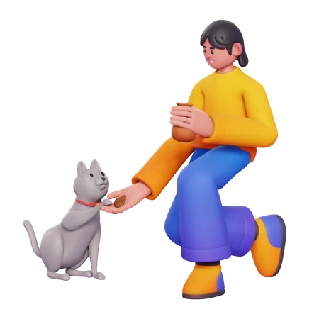 Mulher alimentando gato  3D Illustration