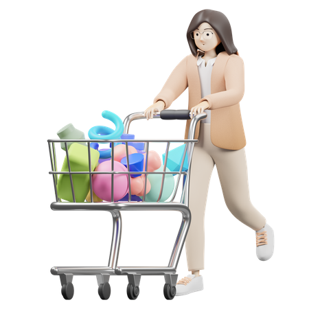 Mulher andando com carrinho de compras  3D Illustration