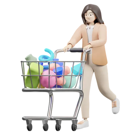 Mulher andando com carrinho de compras  3D Illustration