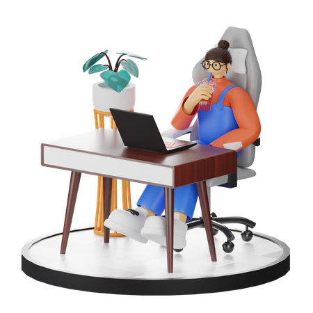 Mulher tomando café enquanto trabalha no laptop  3D Illustration