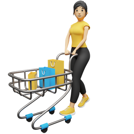 Mulher carregando carrinho de compras  3D Illustration