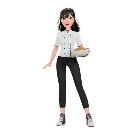 Chef feminina em pé com tigela  3D Illustration