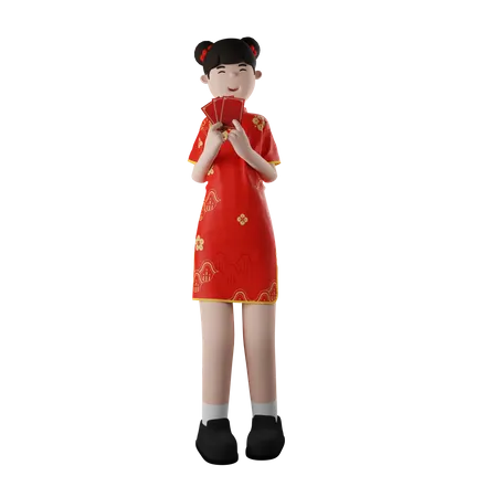 Mulher Chinesa Segurando Angpao  3D Illustration