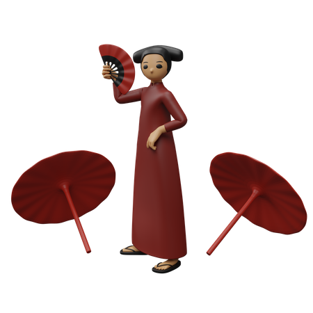 Mulher chinesa segurando leque chinês  3D Illustration