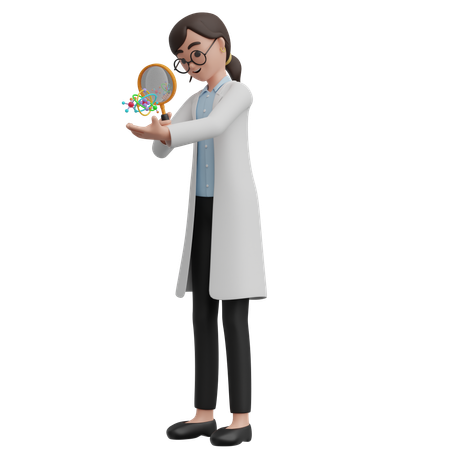 Cientista feminina amplia o átomo  3D Illustration