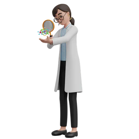 Cientista feminina amplia o átomo  3D Illustration