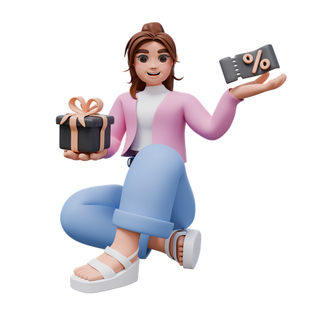 Mulher com caixa de presente e etiqueta de desconto  3D Icon