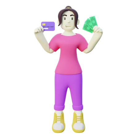 Ilustracao 3 D De Uma Mulher Segurando Um Cartao De Credito E Dinheiro 3D Illustration