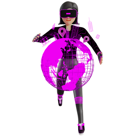 Mulher com globo no metaverso  3D Illustration