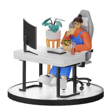 Mulher come lanches enquanto trabalha no computador  3D Illustration