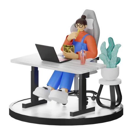 Mulher come lanches enquanto trabalha no laptop  3D Illustration