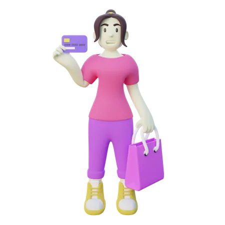 Mulher fazendo compras usando cartão de crédito  3D Illustration