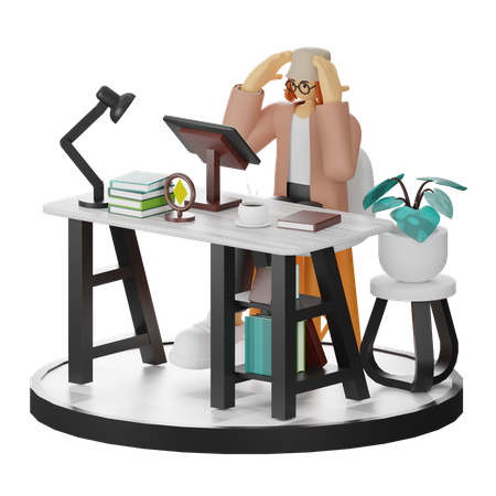 Mulher confusa usando computador em espaço de trabalho limpo  3D Illustration