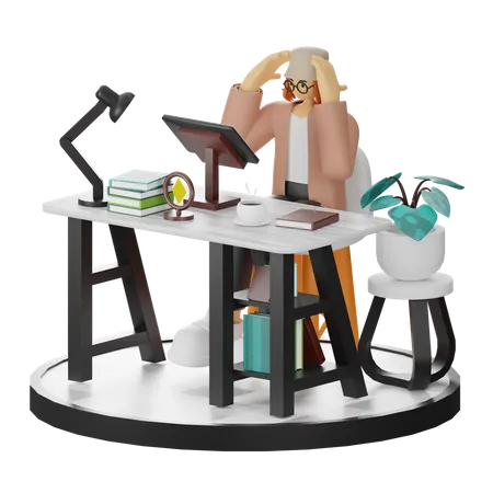 Mulher confusa usando computador em espaço de trabalho limpo  3D Illustration