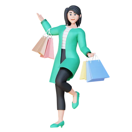 Mulher dançando com sacola de compras  3D Illustration