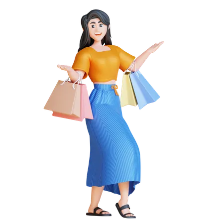 Mulher dançando com sacola de compras  3D Illustration