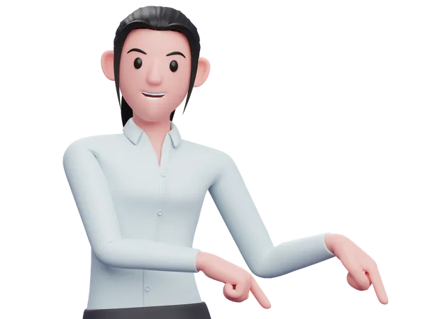 Mulher De Negocios 3 D Apontando Para O Canto Inferior Direito Sugerindo Que O Publico Se Inscreva Ilustracao De Personagem De Mulher De Negocios Renderizada Em 3 D 3D Illustration