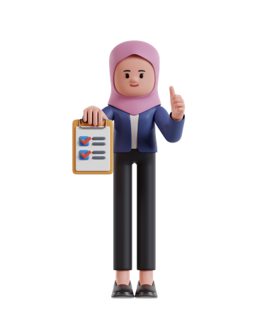 Mulher de negócios com hijab segurando a prancheta concluindo tarefa com lista de verificação  3D Icon