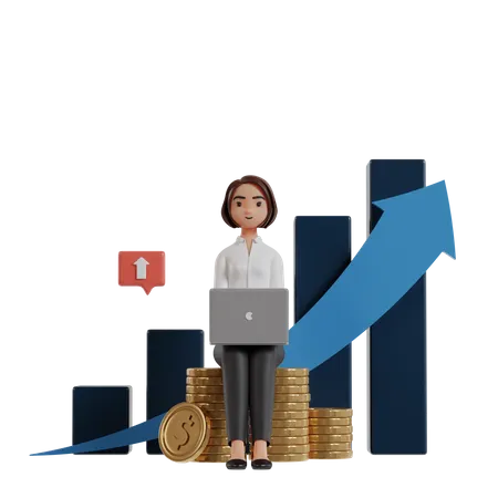 Mulher de negócios com laptop sentada em uma pilha de moedas observando o crescimento da renda  3D Illustration