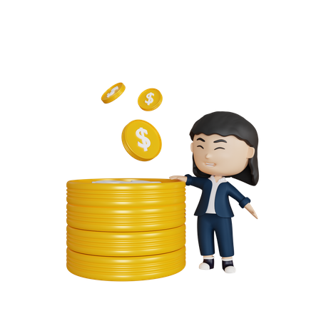 Mulher de negócios com pilha de moedas  3D Illustration