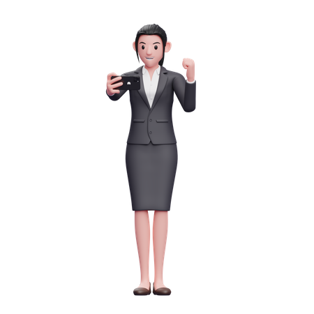 Mulher de negócios comemorando enquanto olha para a tela do telefone  3D Icon