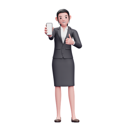 Mulher de negócios dá sinal de positivo e mostra a tela do smartphone  3D Illustration