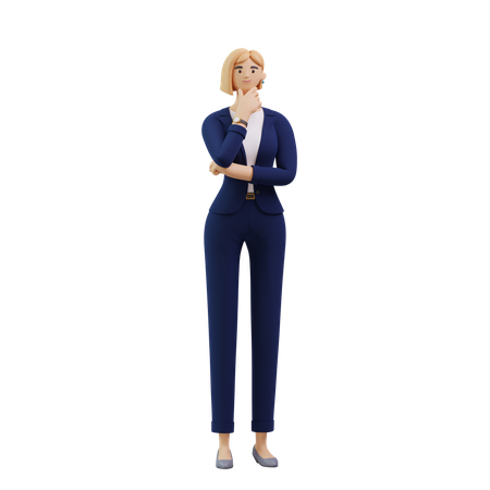 Mulher de negócios em pé com o dedo no queixo  3D Illustration