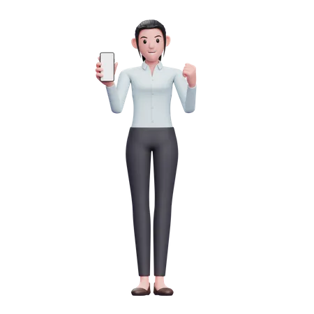 Mulher de negócios fazendo gesto vencedor enquanto mostra a tela do telefone  3D Illustration