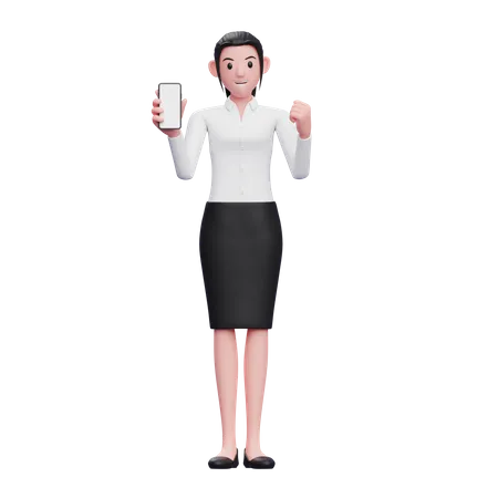 Mulher de negócios fazendo gesto vencedor enquanto mostra a tela do telefone  3D Illustration