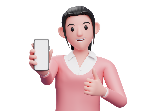 Mulher de negócios mostrando a tela do telefone com polegares para cima  3D Illustration