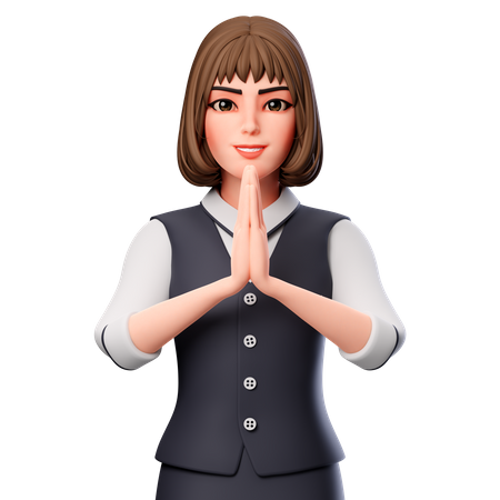 Mulher de negócios mostrando a mão dobrada ou gesto de mão Namastê  3D Illustration