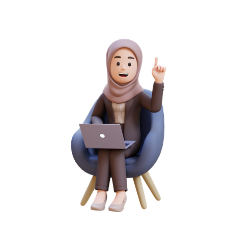 Mulher de negócios muçulmana tendo uma ideia enquanto está sentada no sofá e trabalha no laptop  3D Icon