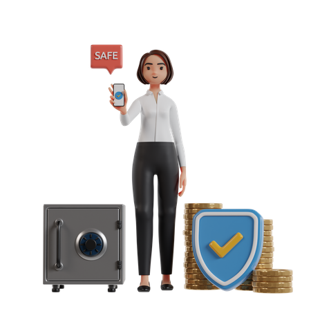 Mulher de negócios oferecendo aplicativo móvel de seguro financeiro  3D Icon