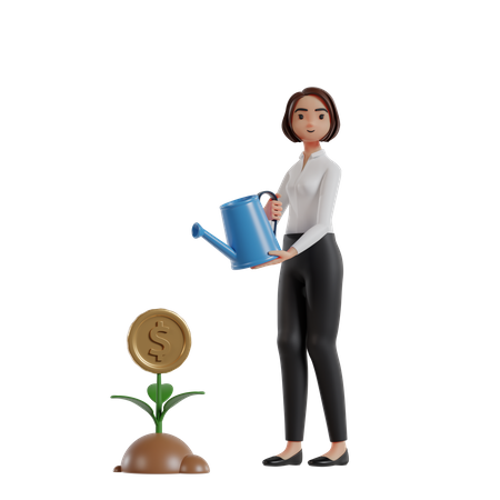 Mulher de negócios regando planta de dinheiro para investimento  3D Icon