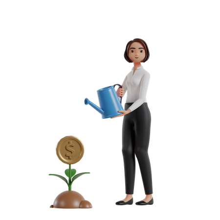 Mulher de negócios regando planta de dinheiro para investimento  3D Illustration