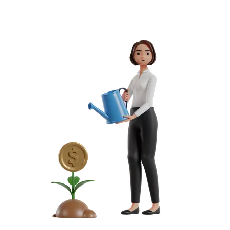 Mulher de negócios regando planta de dinheiro para investimento  3D Illustration