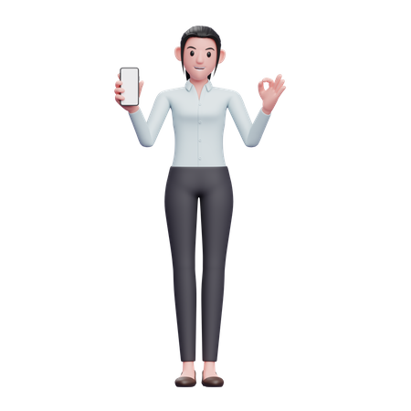 Mulher de negócios segurando smartphone e mostrando o dedo ok  3D Icon