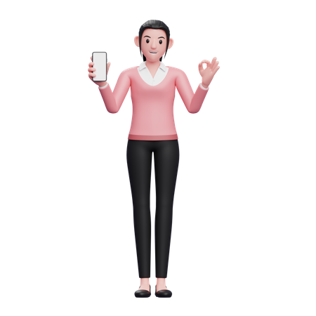 Mulher de negócios segurando smartphone e mostrando o dedo ok  3D Icon