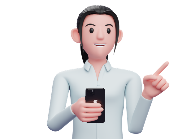 Mulher de negócios segurando um telefone celular enquanto aponta para o lado  3D Icon