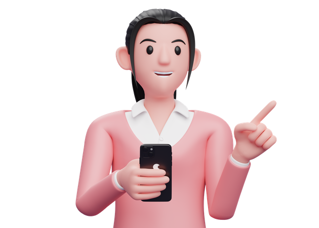 Mulher de negócios segurando um telefone celular enquanto aponta para o lado  3D Icon