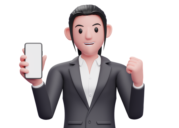 Mulher de negócios segurando um telefone celular enquanto comemora  3D Icon