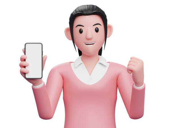 Mulher de negócios segurando um telefone celular enquanto comemora  3D Icon