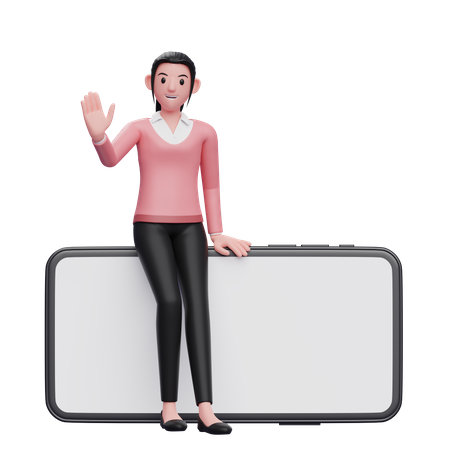 Mulher de negócios sentada ao telefone e acenando com a mão  3D Icon
