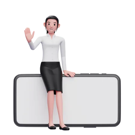 Garota Sentada Casualmente Com Saia Preta Em Um Grande Telefone De Paisagem E Acenando Com A Mao Ilustracao De Personagem De Renderizacao 3 D 3D Illustration