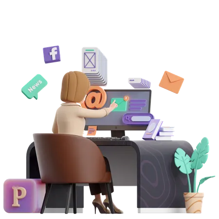 A Personagem 3 D E Uma Mulher De Terno Sentada Em Sua Mesa Em Frente Ao Computador Verificando Seu E Mail Nas Redes Sociais 3D Illustration