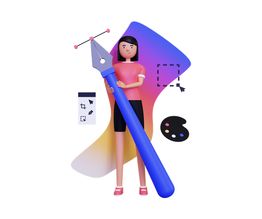 Designer gráfico de mulher segurando uma ferramenta caneta  3D Illustration