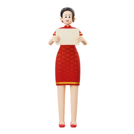 Mulher do Ano Novo Chinês está segurando o conselho  3D Illustration