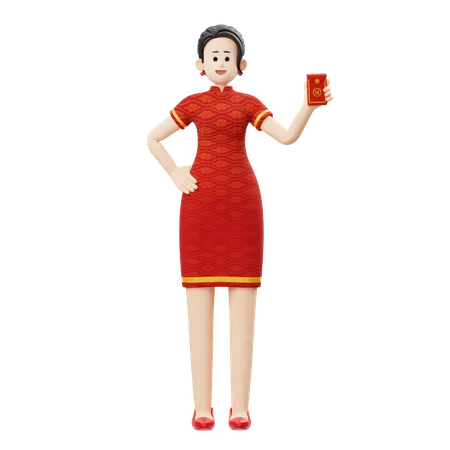 Mulher do Ano Novo Chinês está segurando Angpao  3D Illustration