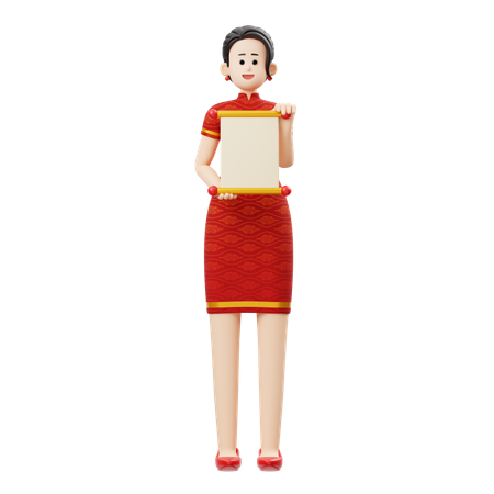 Mulher do ano novo chinês segurando papel em rolo  3D Illustration