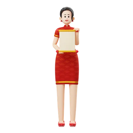 Mulher do ano novo chinês segurando papel em rolo  3D Illustration
